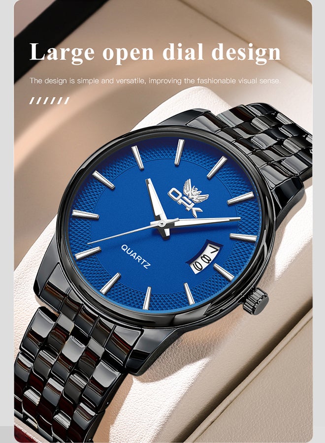 او بي كي ساعة كوارتز رجالية مضيئة مقاومة للماء بسوار من الفولاذ 6045، لون أسود وأزرق بالكامل. - Image 2