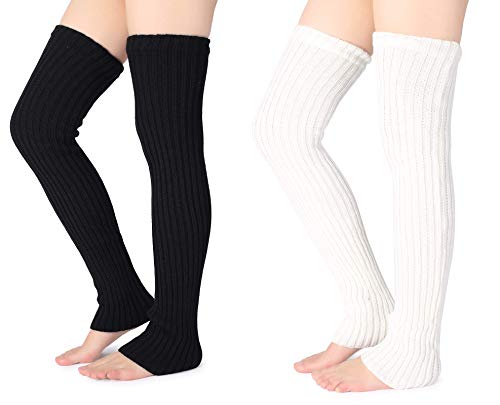 Pareberry Women's Winter Over Knee High Footless Socks Knit Warm Long Leg Warmers (2 Pack-(Black+White), 27 Inches) - Image 1
