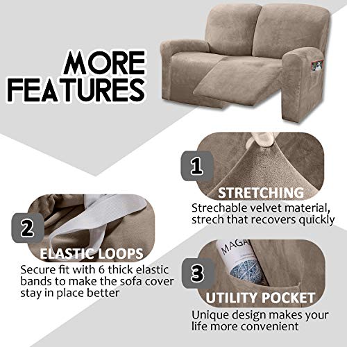 ULTICOR Reclining Love Seat Sofa Cover (6 Piece, Taupe), 48-65'' L, Velvet Stretch, Soft, Washable - Image 4