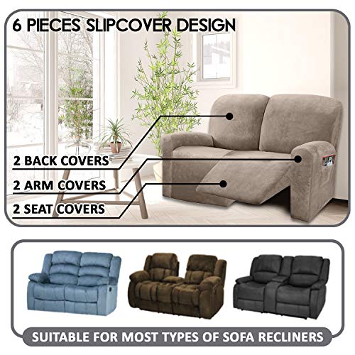ULTICOR Reclining Love Seat Sofa Cover (6 Piece, Taupe), 48-65'' L, Velvet Stretch, Soft, Washable - Image 2