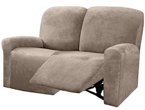 ULTICOR Reclining Love Seat Sofa Cover (6 Piece, Taupe), 48-65'' L, Velvet Stretch, Soft, Washable - Image 1