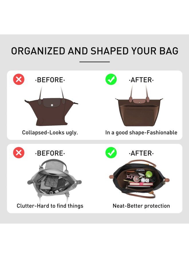 OAikor 2025 Purse Organizer Insert Compatible with Longchamp Le Pliage Large and More, Felt Zipper Long Champ Bag Organizer Insert with Cup Holder, 8 Compartments (Brown,L) - Image 4