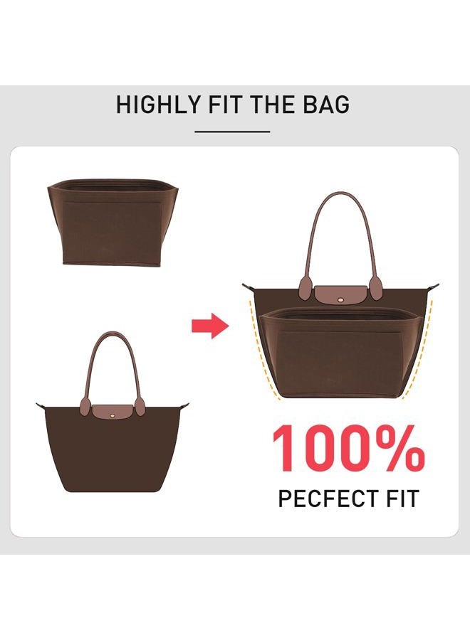OAikor 2025 Purse Organizer Insert Compatible with Longchamp Le Pliage Large and More, Felt Zipper Long Champ Bag Organizer Insert with Cup Holder, 8 Compartments (Brown,L) - Image 5