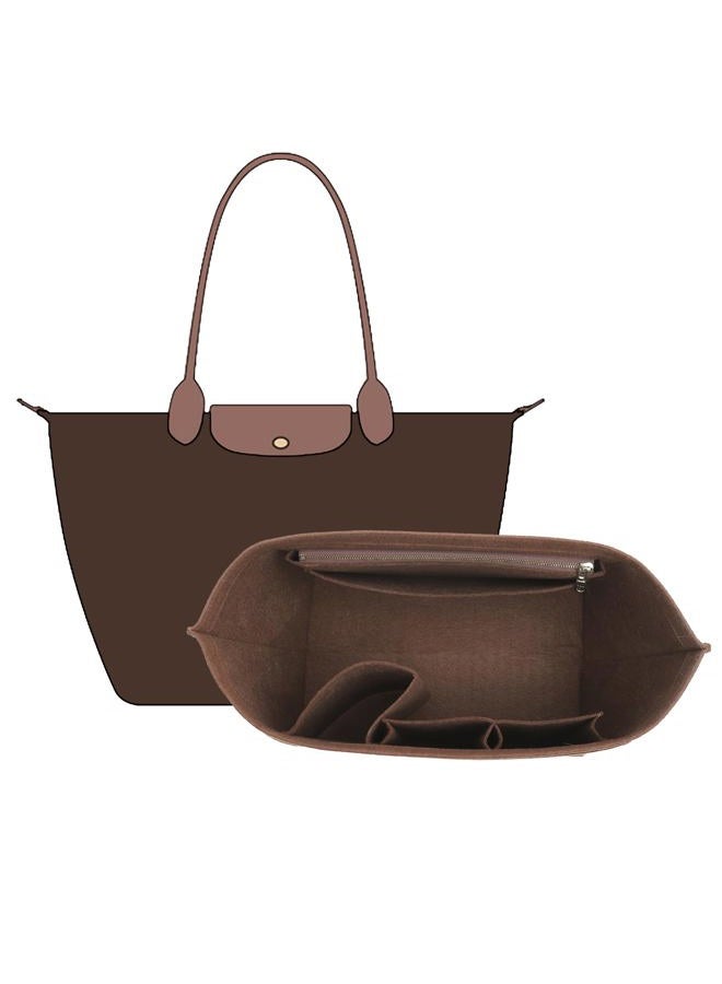OAikor 2025 Purse Organizer Insert Compatible with Longchamp Le Pliage Large and More, Felt Zipper Long Champ Bag Organizer Insert with Cup Holder, 8 Compartments (Brown,L) - Image 1