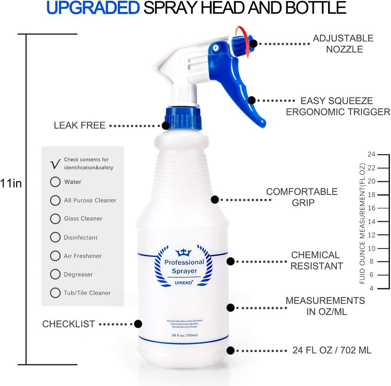 Uineko Plastic Spray Bottle (3 Pack, 24 Oz, 3 Colors) Heavy Duty All-Purpose Empty Spraying Leak Proof Mist Water Bottles for Cleaning Solutions Plants Essential Oils Hair Pet with Adjustable Nozzle - Image 4