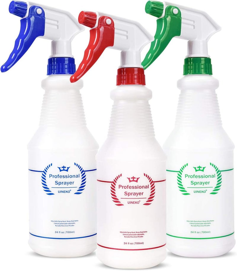 Uineko Plastic Spray Bottle (3 Pack, 24 Oz, 3 Colors) Heavy Duty All-Purpose Empty Spraying Leak Proof Mist Water Bottles for Cleaning Solutions Plants Essential Oils Hair Pet with Adjustable Nozzle - Image 1