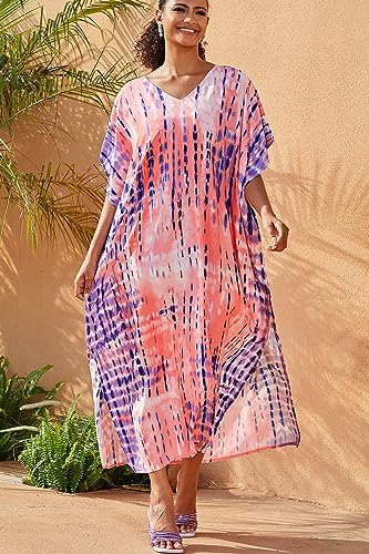 YouKD Print Floral Long Kaftan V-Neck Robe Boho Beach Swimsuit Cover Up Maxi Dress for Women B Purple - Image 3