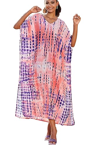 YouKD Print Floral Long Kaftan V-Neck Robe Boho Beach Swimsuit Cover Up Maxi Dress for Women B Purple - Image 1