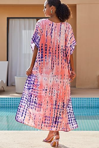 YouKD Print Floral Long Kaftan V-Neck Robe Boho Beach Swimsuit Cover Up Maxi Dress for Women B Purple - Image 4