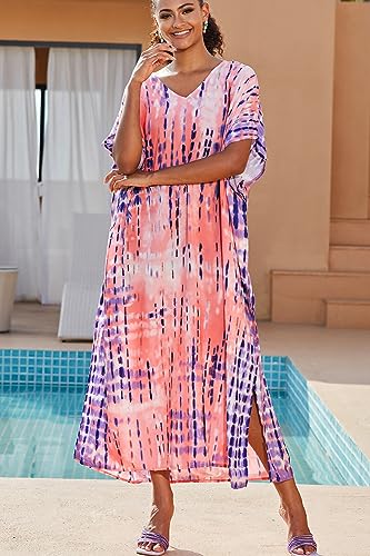 YouKD Print Floral Long Kaftan V-Neck Robe Boho Beach Swimsuit Cover Up Maxi Dress for Women B Purple - Image 5