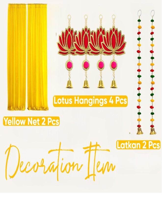 Floroom Yellow Backdrop Cloth for Decoration with Pom Pom Hangings - 8Pcs Haldi Decoration Items for Home Decor, Haldi Backdrop Decorations Set, Pooja, Wedding, Festive Decor (Haldi_45) - Image 2