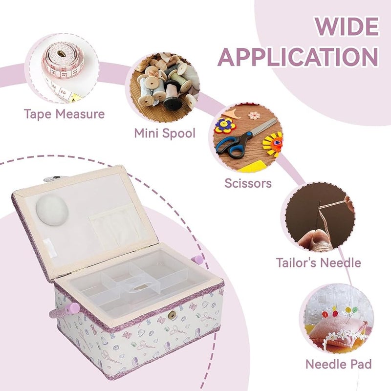 TERRIFI Sewing Basket, Portable Large Capacity Sewing Accessories Organizer with Handle and Removable Tray, Fabric Storage Box for Threads, Needles, Scissors and Craft Supplies, 24×17.5×12.5 cm - Image 2