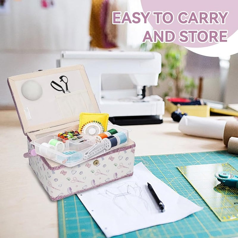 TERRIFI Sewing Basket, Portable Large Capacity Sewing Accessories Organizer with Handle and Removable Tray, Fabric Storage Box for Threads, Needles, Scissors and Craft Supplies, 24×17.5×12.5 cm - Image 5