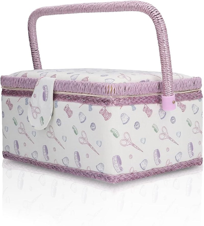 TERRIFI Sewing Basket, Portable Large Capacity Sewing Accessories Organizer with Handle and Removable Tray, Fabric Storage Box for Threads, Needles, Scissors and Craft Supplies, 24×17.5×12.5 cm - Image 1