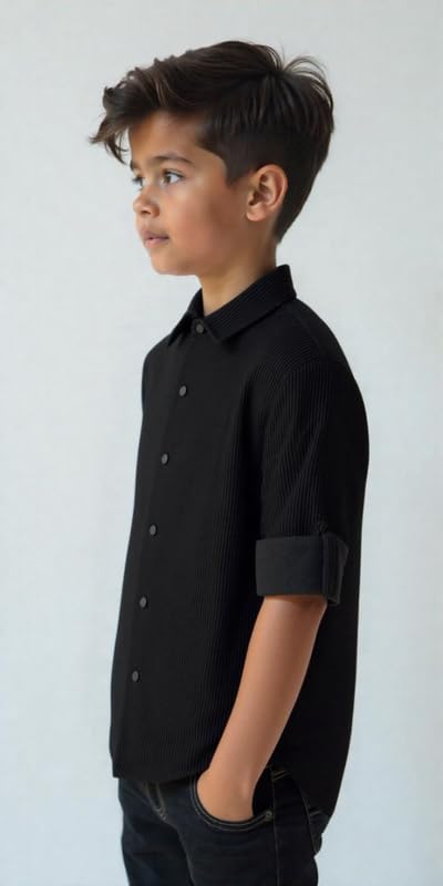 CAVIO Boys Spread Collar Full Sleeves Plain Shirt Black - Image 3