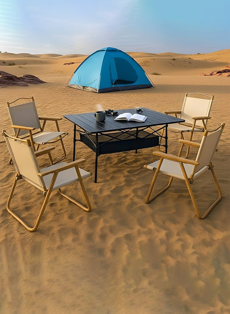 Taimi 5-Piece Camping Set | Height-adjustable Folding Camping Black Table 95x55x80cm with Mesh Storage Basket, and 4 Beige Folding Chairs with Metal Frames and Armrest - Image 1