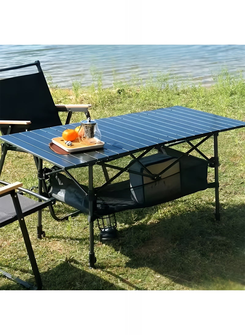 Taimi 5-Piece Camping Set | Height-adjustable Folding Camping Black Table 95x55x80cm with Mesh Storage Basket, and 4 Beige Folding Chairs with Metal Frames and Armrest - Image 5