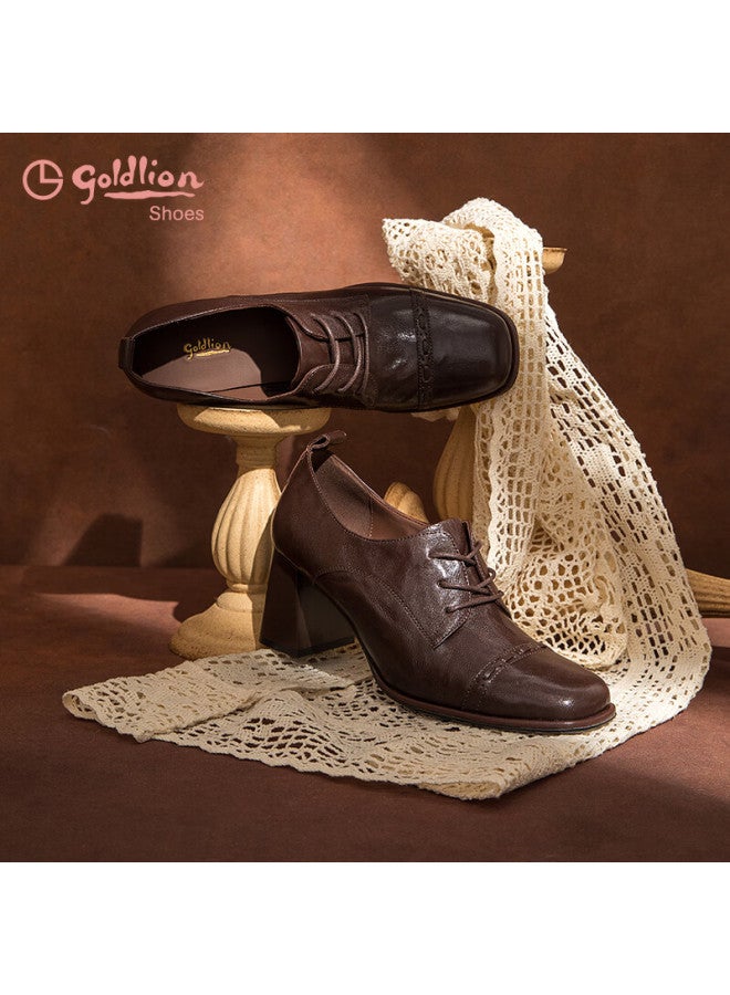 Goldlion Women's British Style Chunky Heel Lace-up Leather Shoes Square Toe High Heel Commuting Low-cut Single Shoes G652540156 Coffee Size 38 - Image 1