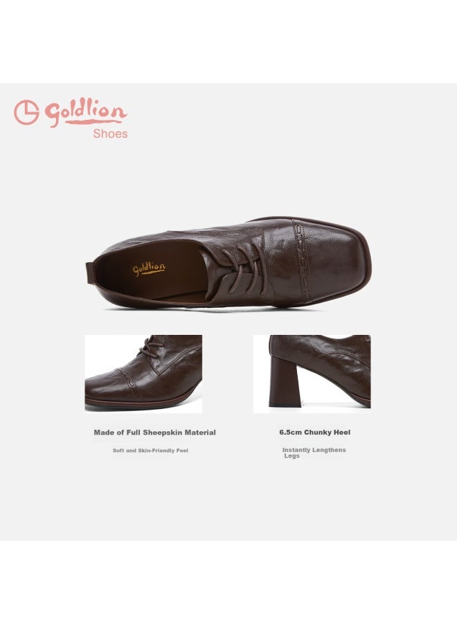 Goldlion Women's British Style Chunky Heel Lace-up Leather Shoes Square Toe High Heel Commuting Low-cut Single Shoes G652540156 Coffee Size 38 - Image 4