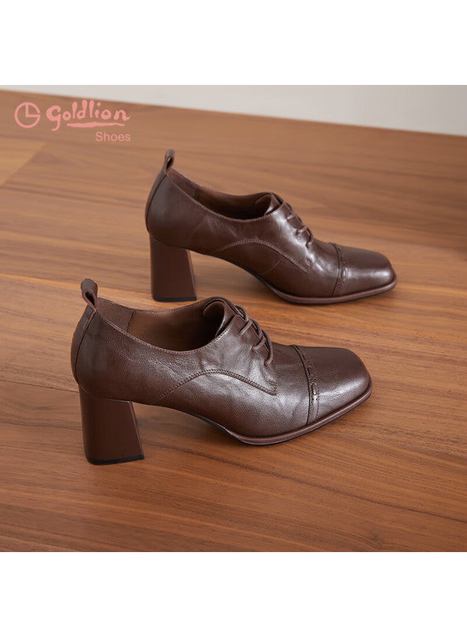 Goldlion Women's British Style Chunky Heel Lace-up Leather Shoes Square Toe High Heel Commuting Low-cut Single Shoes G652540156 Coffee Size 38 - Image 2