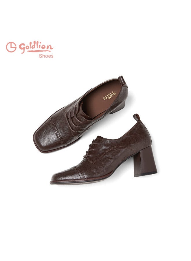 Goldlion Women's British Style Chunky Heel Lace-up Leather Shoes Square Toe High Heel Commuting Low-cut Single Shoes G652540156 Coffee Size 38 - Image 5