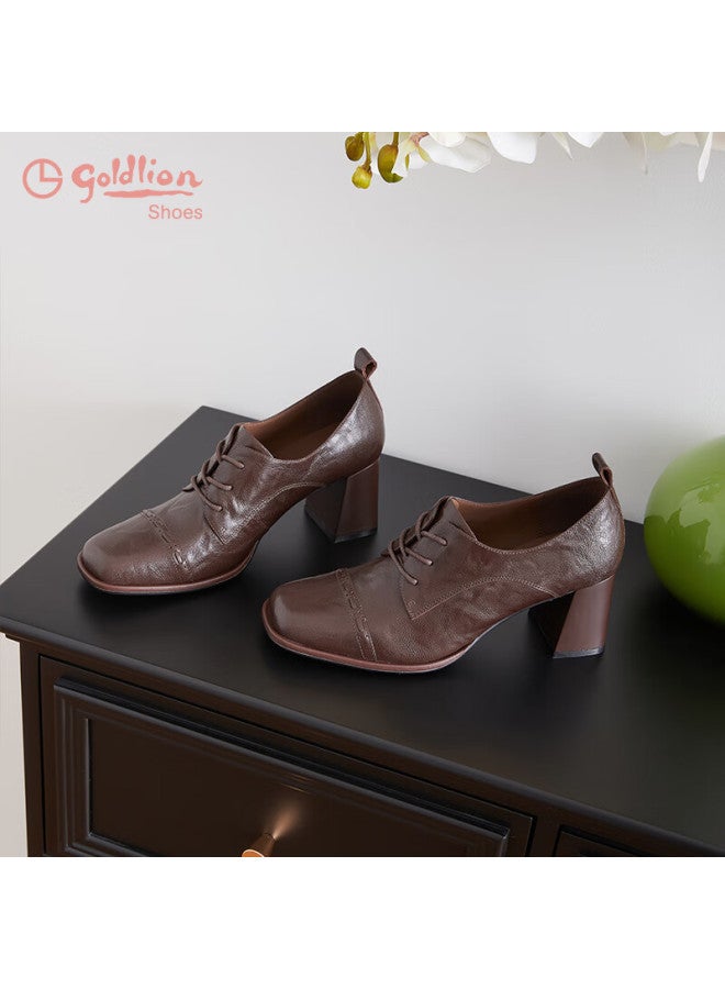 Goldlion Women's British Style Chunky Heel Lace-up Leather Shoes Square Toe High Heel Commuting Low-cut Single Shoes G652540156 Coffee Size 38 - Image 3