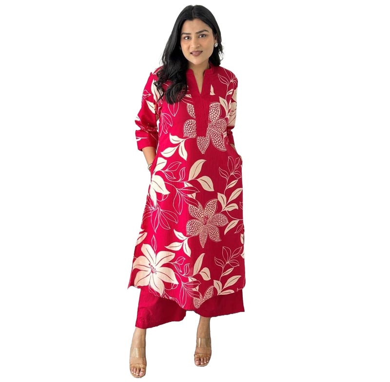 LookMark Women's Floral Printed Cotton Blend 3/4th Sleeve Knee Length V-Neck Kurta and Palazzo Set for Women (AZ-LM-OG-KS2204 PINK-XXL) - Image 1