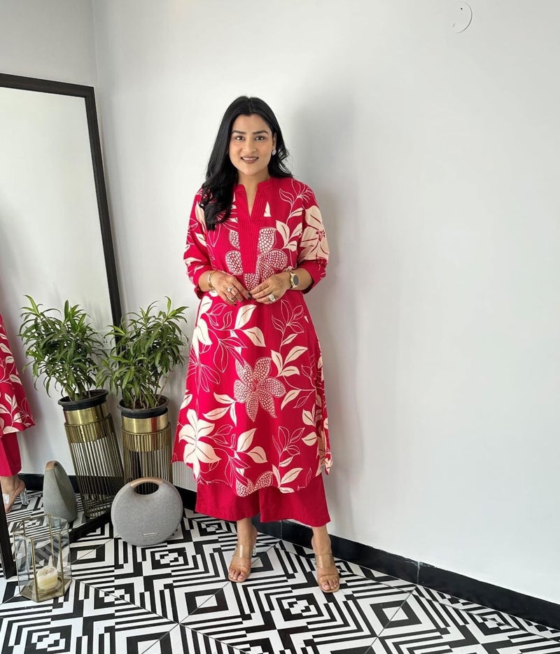 LookMark Women's Floral Printed Cotton Blend 3/4th Sleeve Knee Length V-Neck Kurta and Palazzo Set for Women (AZ-LM-OG-KS2204 PINK-XXL) - Image 2
