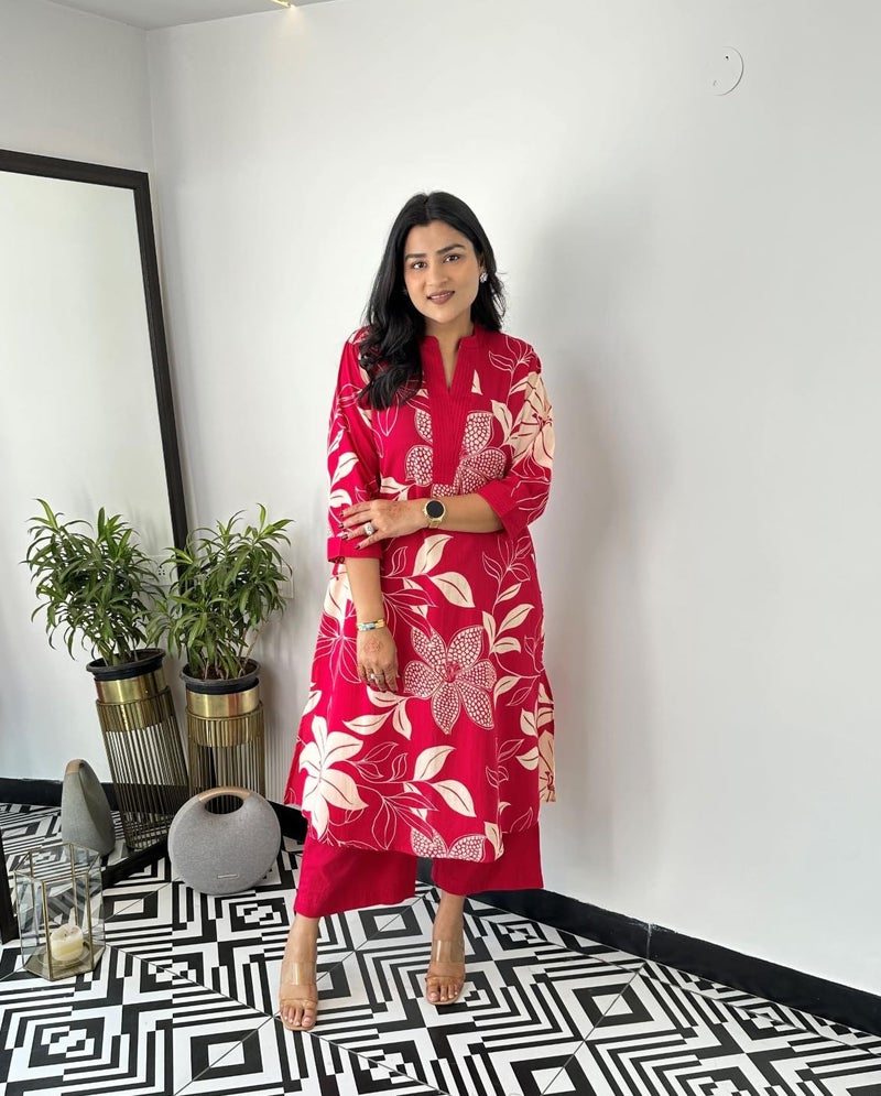 LookMark Women's Floral Printed Cotton Blend 3/4th Sleeve Knee Length V-Neck Kurta and Palazzo Set for Women (AZ-LM-OG-KS2204 PINK-XXL) - Image 3