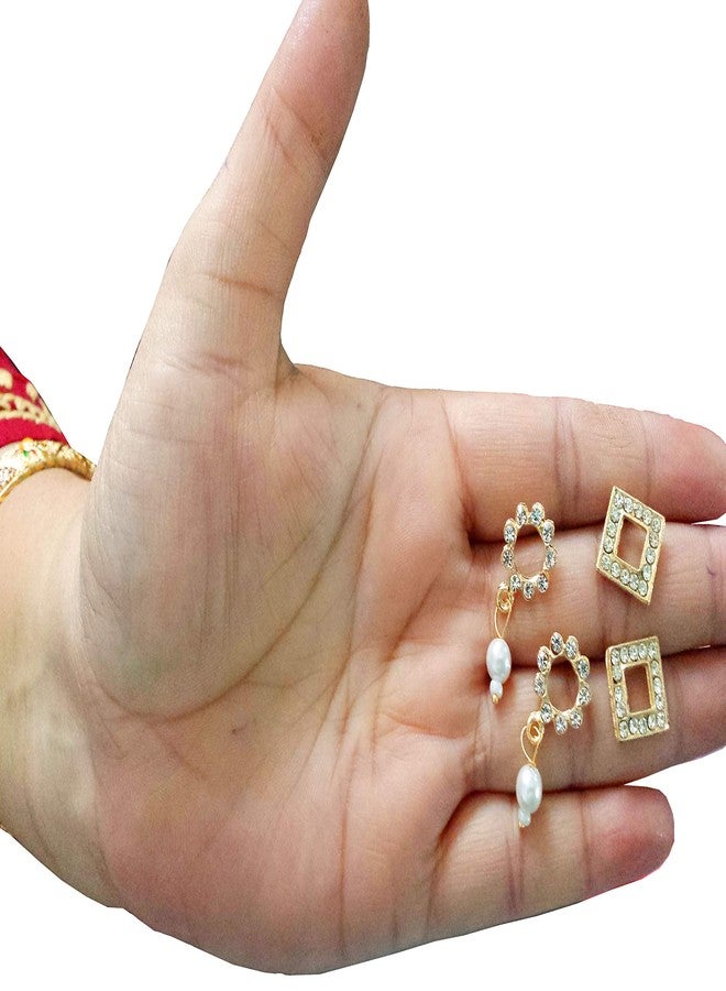 Touchstone Elegant Indian White Crystals Faux Pearls Combo Of Fifteen Pairs Of Studs Earrings In Gold Tone For Women - Pack of 15 - Image 3