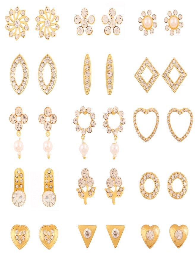 Touchstone Elegant Indian White Crystals Faux Pearls Combo Of Fifteen Pairs Of Studs Earrings In Gold Tone For Women - Pack of 15 - Image 1