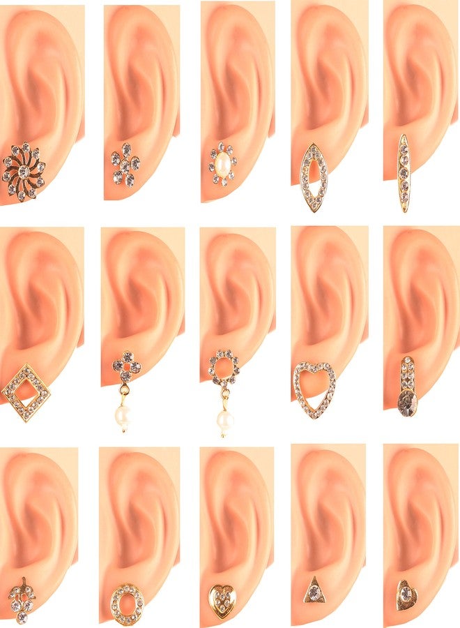 Touchstone Elegant Indian White Crystals Faux Pearls Combo Of Fifteen Pairs Of Studs Earrings In Gold Tone For Women - Pack of 15 - Image 5