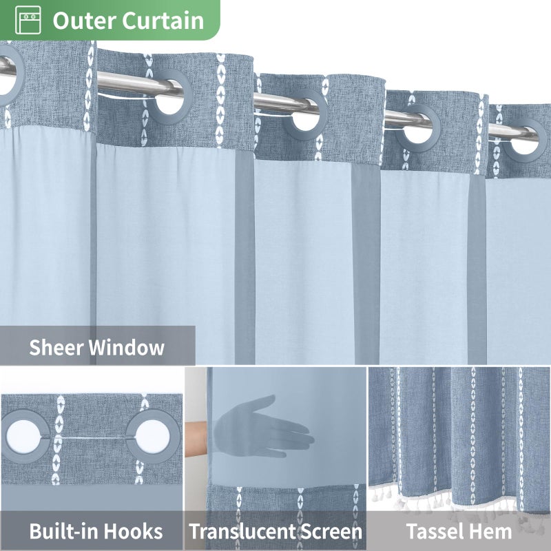 eachope Boho Farmhouse No Hook Shower Curtain Set with Snap-in Fabric Liner,Heavy-Duty Linen Textured Rustic Striped Design,Water-Repellent with Tassels and Sheer Window,Blue,71x74 - Image 4