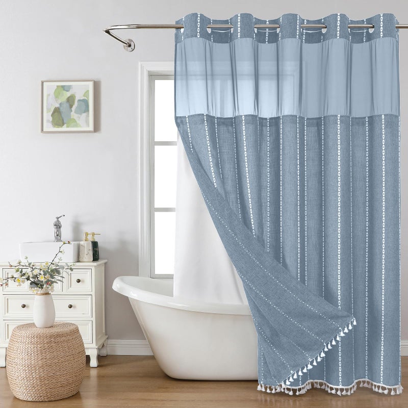 eachope Boho Farmhouse No Hook Shower Curtain Set with Snap-in Fabric Liner,Heavy-Duty Linen Textured Rustic Striped Design,Water-Repellent with Tassels and Sheer Window,Blue,71x74 - Image 1