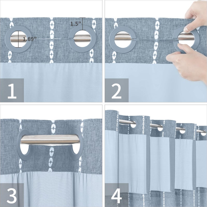 eachope Boho Farmhouse No Hook Shower Curtain Set with Snap-in Fabric Liner,Heavy-Duty Linen Textured Rustic Striped Design,Water-Repellent with Tassels and Sheer Window,Blue,71x74 - Image 5