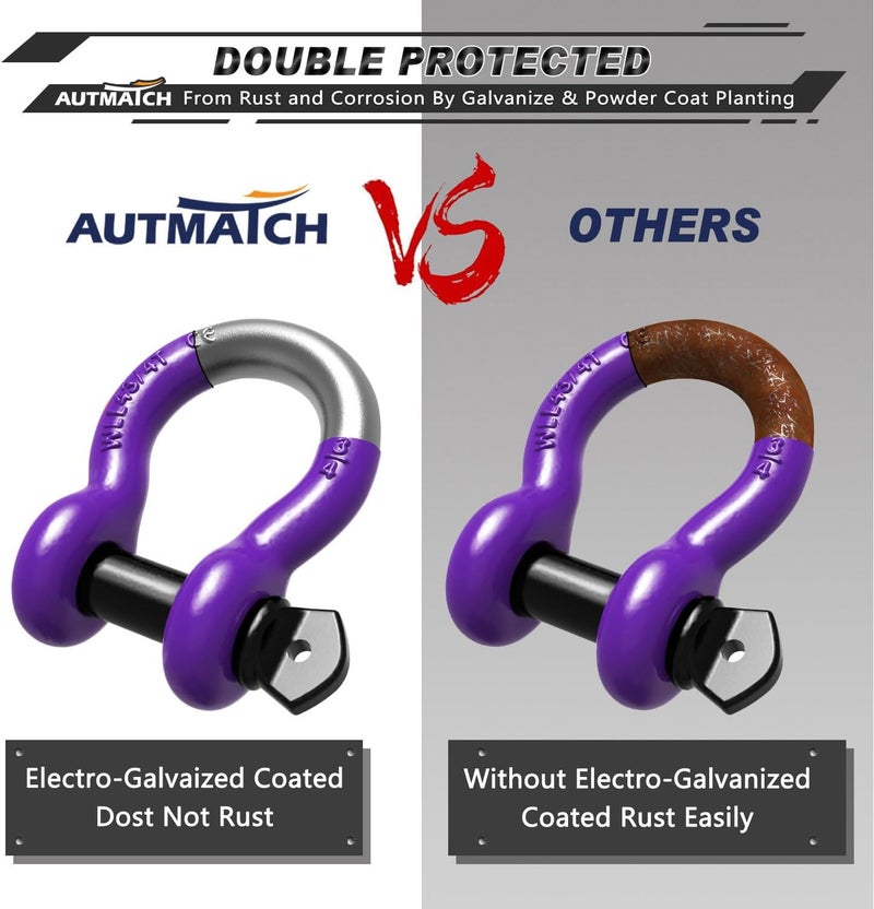 AUTMATCH D Ring Shackle 3/4" Shackles (2 Pack) 41,887Ibs Break Strength with 7/8" Screw Pin and Shackle Isolator Washers Kit for Tow Strap Winch Off Road Vehicle Recovery Purple & Black - Image 5