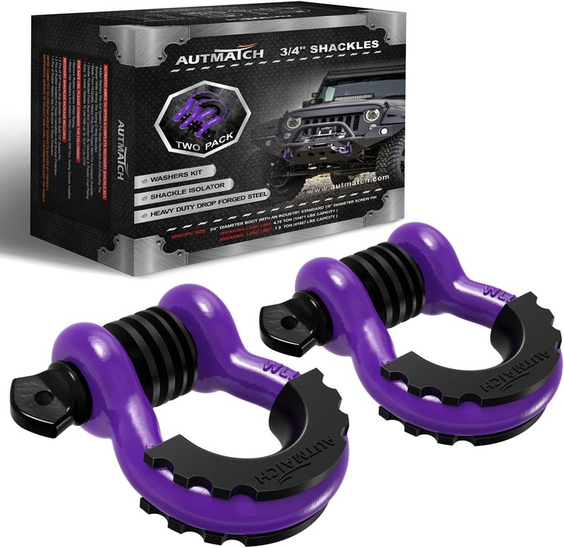 AUTMATCH D Ring Shackle 3/4" Shackles (2 Pack) 41,887Ibs Break Strength with 7/8" Screw Pin and Shackle Isolator Washers Kit for Tow Strap Winch Off Road Vehicle Recovery Purple & Black - Image 1