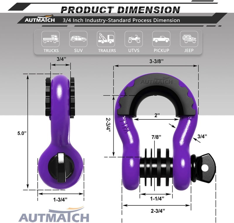 AUTMATCH D Ring Shackle 3/4" Shackles (2 Pack) 41,887Ibs Break Strength with 7/8" Screw Pin and Shackle Isolator Washers Kit for Tow Strap Winch Off Road Vehicle Recovery Purple & Black - Image 3