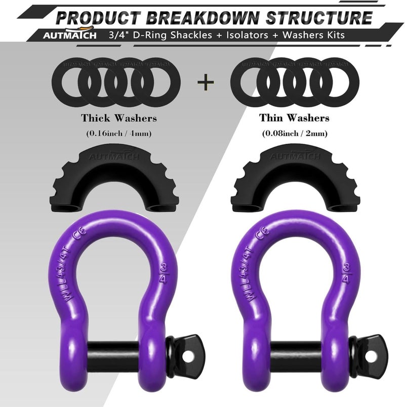 AUTMATCH D Ring Shackle 3/4" Shackles (2 Pack) 41,887Ibs Break Strength with 7/8" Screw Pin and Shackle Isolator Washers Kit for Tow Strap Winch Off Road Vehicle Recovery Purple & Black - Image 2