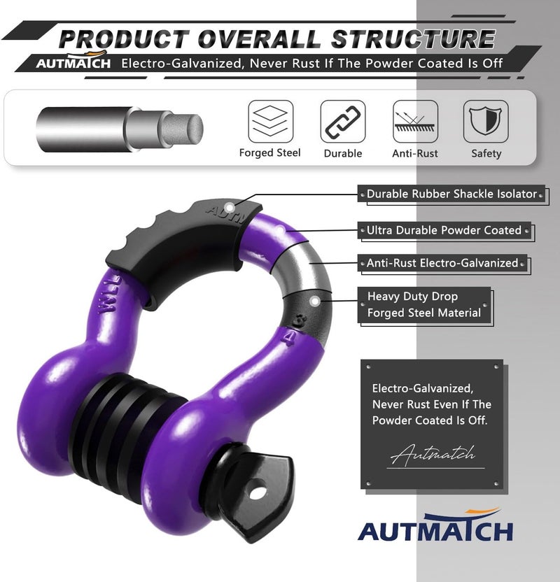AUTMATCH D Ring Shackle 3/4" Shackles (2 Pack) 41,887Ibs Break Strength with 7/8" Screw Pin and Shackle Isolator Washers Kit for Tow Strap Winch Off Road Vehicle Recovery Purple & Black - Image 4