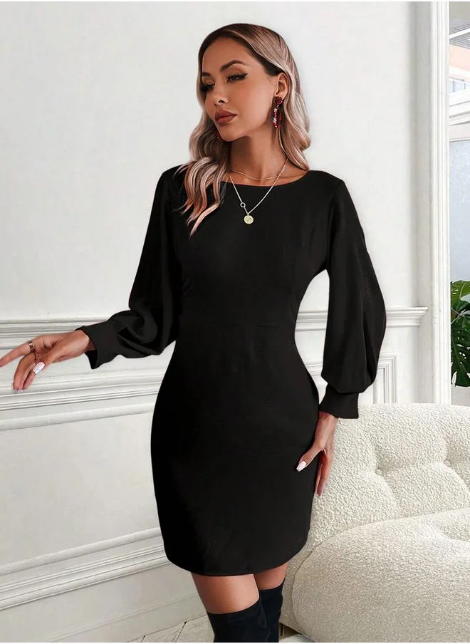 Kotty Solid Puff Sleeve Sheath Mini Dress with V Back