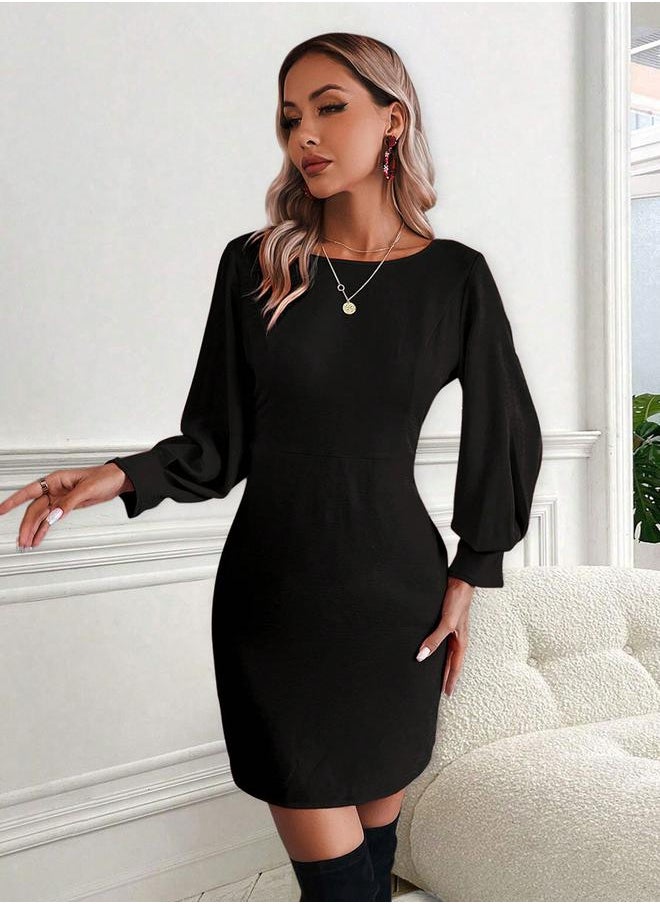 Kotty Solid Puff Sleeve Sheath Mini Dress with V Back by Styli  - Image 1