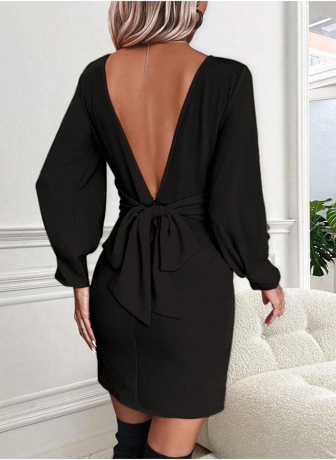 Kotty Solid Puff Sleeve Sheath Mini Dress with V Back by Styli  - Image 5