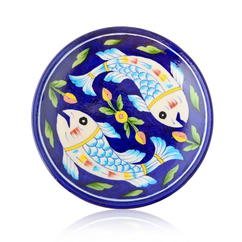 NATRIEL Blue Pottery White Color Plate Artisan Handcrafted Plate for Classic Home and Kitchen Decor and Serving Handmade and Handpainted Fish Blue 8 to 10 - Image 1