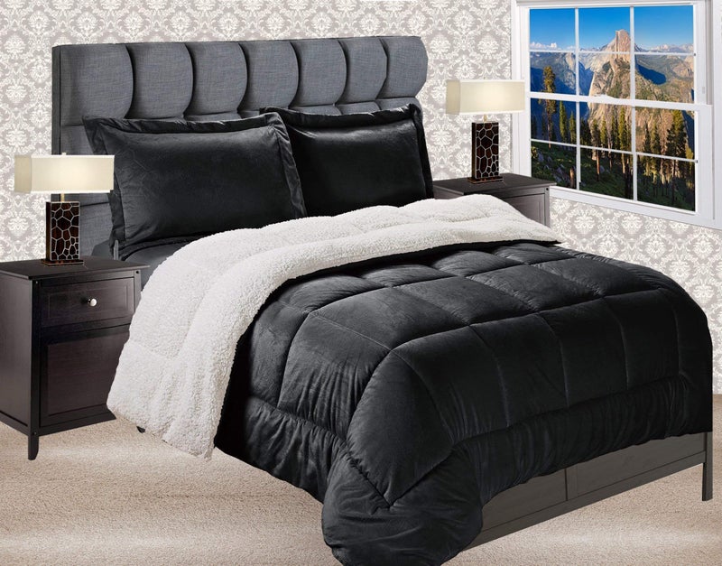 Elegant Comfort Elegant Comfort Premium Quality Heavy Weight Micromink SherpaBacking Reversible Down Alternative MicroSuede 3Piece Comforter Set King Black 