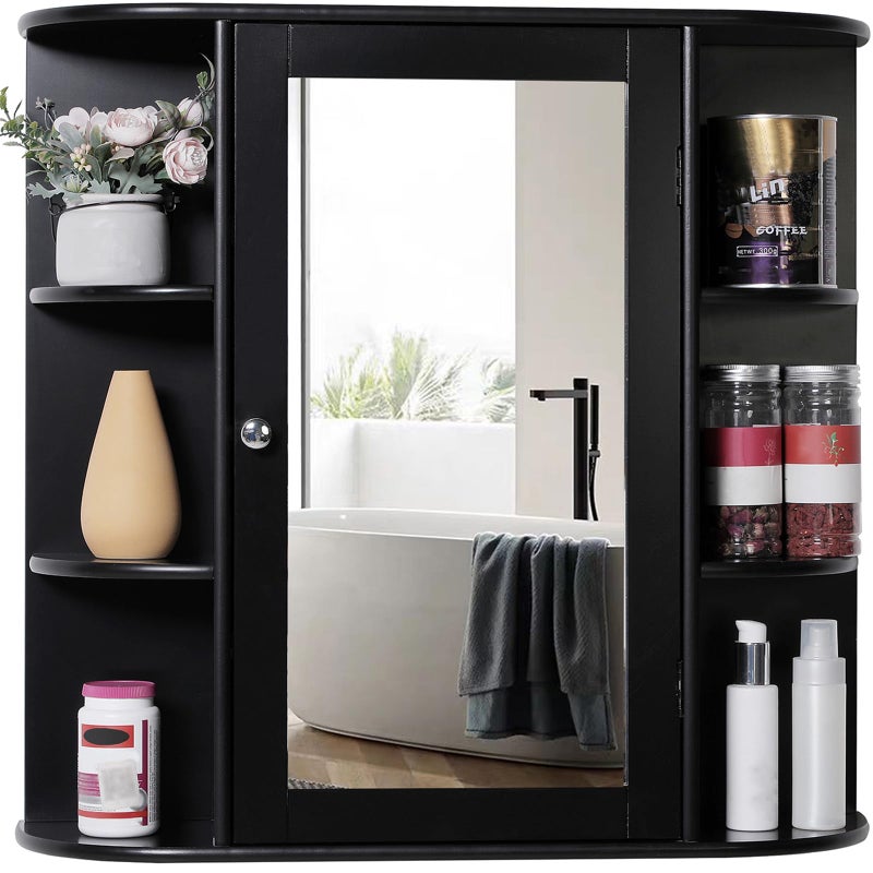 Iwell Bathroom Medicine Cabinet with Mirror, Wall Cabinet with 2 Adjustable Shelves & 6 Open Shelves, Bathroom Cabinet Wall Mounted, Over The Toilet Space Saver Storage Cabinet, Black - Image 1