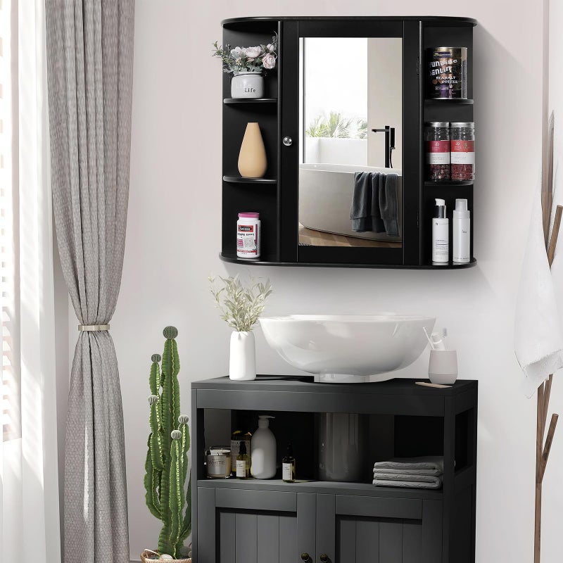 Iwell Bathroom Medicine Cabinet with Mirror, Wall Cabinet with 2 Adjustable Shelves & 6 Open Shelves, Bathroom Cabinet Wall Mounted, Over The Toilet Space Saver Storage Cabinet, Black - Image 3