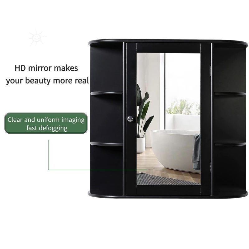 Iwell Bathroom Medicine Cabinet with Mirror, Wall Cabinet with 2 Adjustable Shelves & 6 Open Shelves, Bathroom Cabinet Wall Mounted, Over The Toilet Space Saver Storage Cabinet, Black - Image 5
