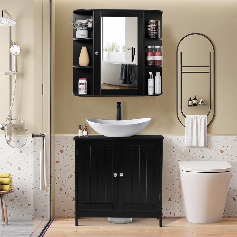 Iwell Bathroom Medicine Cabinet with Mirror, Wall Cabinet with 2 Adjustable Shelves & 6 Open Shelves, Bathroom Cabinet Wall Mounted, Over The Toilet Space Saver Storage Cabinet, Black - Image 4