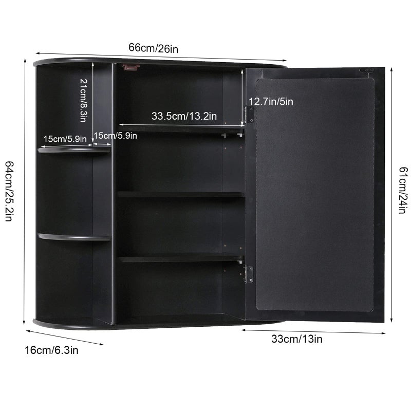 Iwell Bathroom Medicine Cabinet with Mirror, Wall Cabinet with 2 Adjustable Shelves & 6 Open Shelves, Bathroom Cabinet Wall Mounted, Over The Toilet Space Saver Storage Cabinet, Black - Image 2